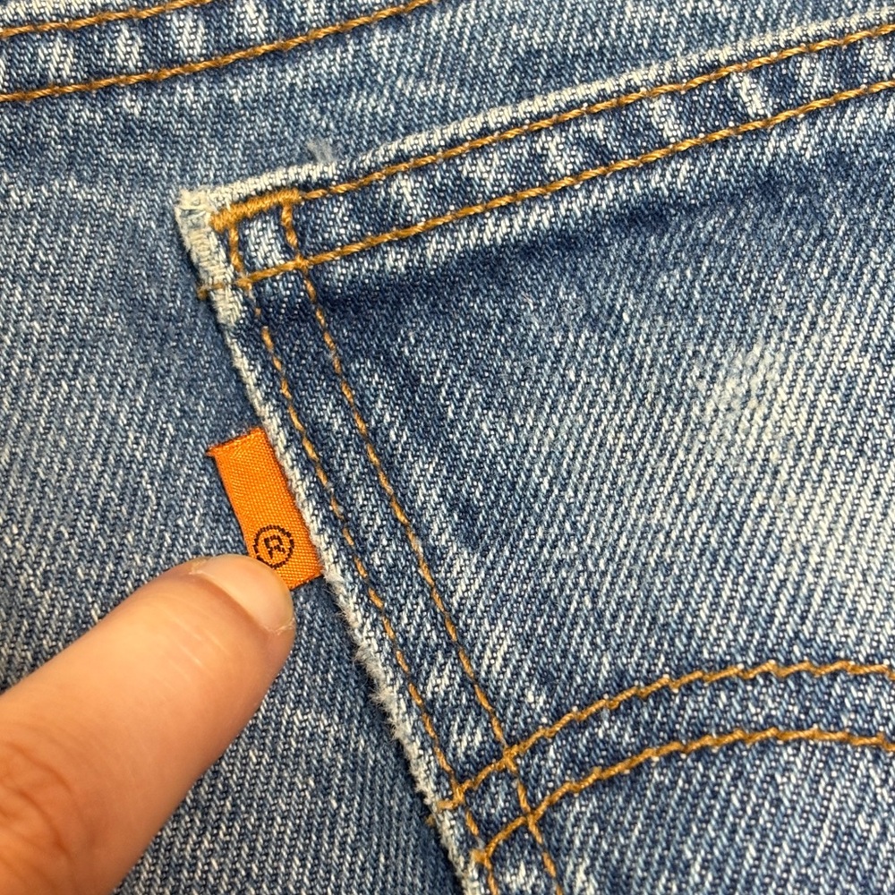 Levi's 505 Vintage Y2K Orange Tag Nooshin Upcycle Bandana Hem Rhinestone Jean 33 - Picture 12 of 14